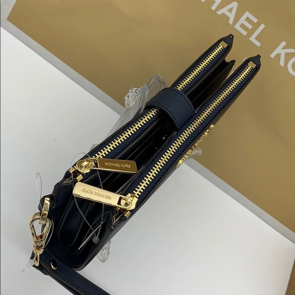 MICHAEL KORS LG DOUBLE ZIP WRISTLET PHONE CASE - wallet Navy NWT - Picture 4 of 16
